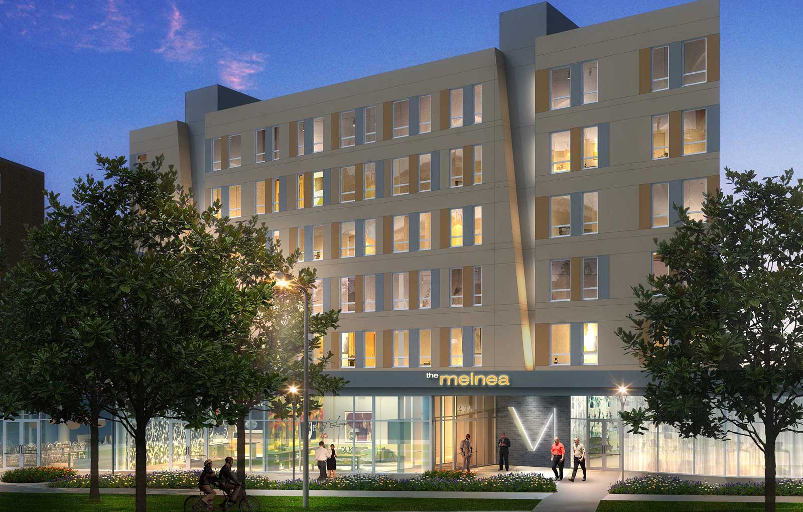 Building is a modern design showpiece with beautiful landscaping.
